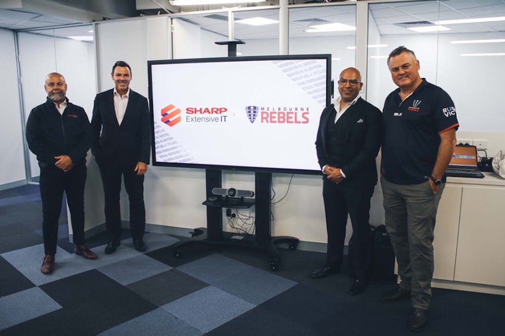 Pictured: (from Left) Tony Savino (Metropolitan Business Manager at Sharp EIT), Baden Stephenson (CEO at Melbourne Rebels), Hugo Huezo (Sharp EIT) and Nick Sitles (GM of Rugby). 