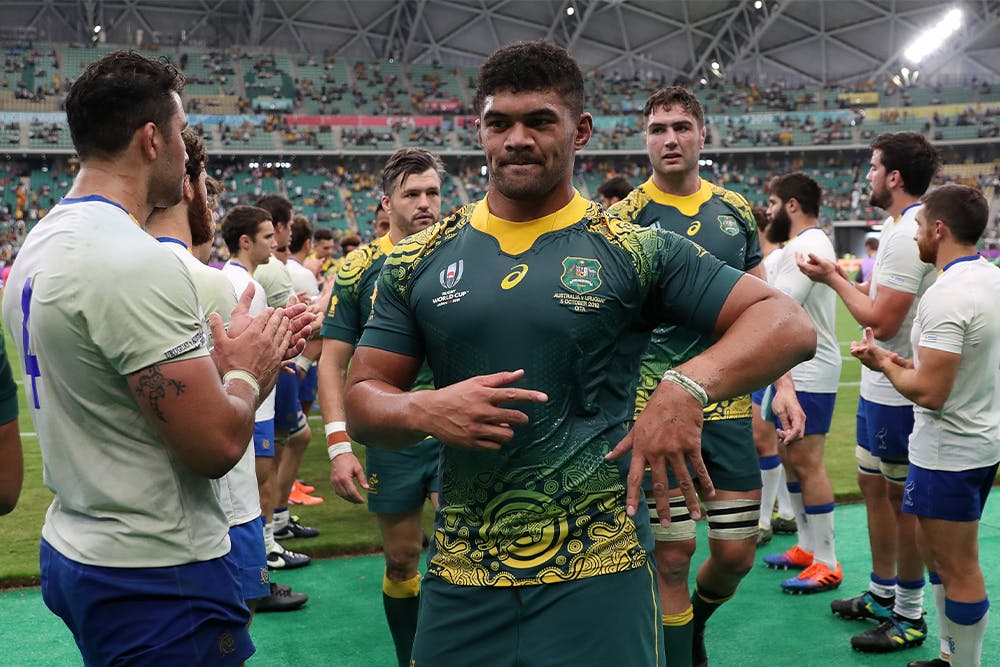 On the big stage: Jordan Uelese following Australia's Pool D victory over Uruguay at the 2019 Rugby World Cup.